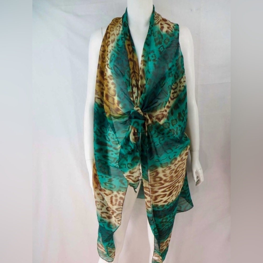 Sheer chiffon womens kaftan tunic poncho beach cover-up Leopard Print Teal Scarf